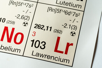 Lawrencium German periodic table of elements macro close-up chemical physical description