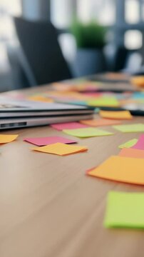 Multicolored sticky notes are scattered across a wooden office desk, suggesting a recent brainstorming session, with notebooks and a tablet in the blurred background
