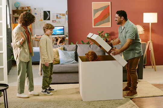 Caucasian woman, Caucasian boy, Middle Eastern man surprising child with first pet at home, boy looking at brown puppy in large box, family sharing joyful moment in living room - Powered by Adobe