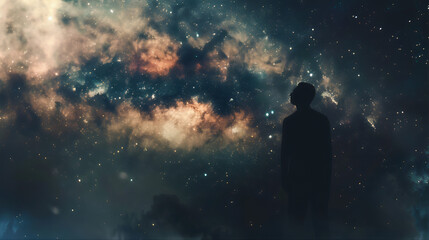 Starry heaven night gaze at a shooting star in the night sky. Above and beyond look at the sky. Solitary figure silhouetted against a vast and vibrant starry sky, Milky Way. 