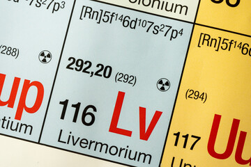 Livermorium German periodic table of elements macro close-up chemical physical description