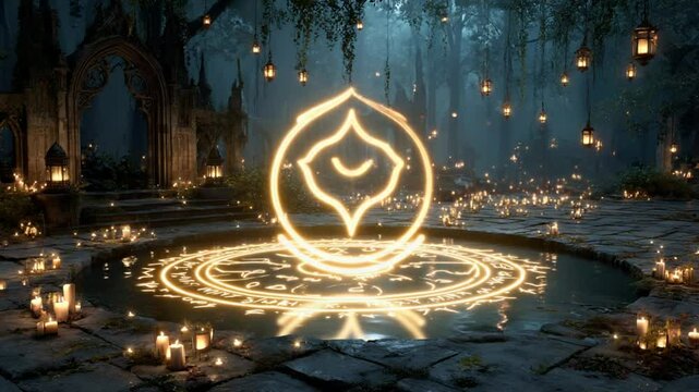 Mystical Ritual in Enchanted Forest: Summoning Magic with Candles and Glowing Symbols