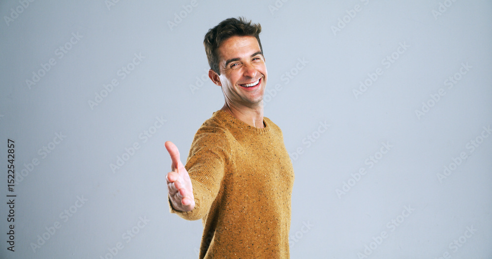 Poster happy man, portrait and studio with handshake for introduction or welcome on a white background. mal