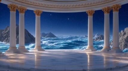 Fototapeta premium Dramatic Classical Columns Ocean View Night Sky Architectural Background