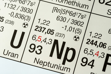 Neptunium German periodic table of elements macro close-up chemical physical description