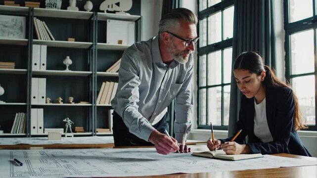 Senior architect mentoring young professional, reviewing architectural blueprint together, collaborating in contemporary, well lit office environment, exchanging technical knowledge