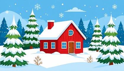 Fototapeta premium Cozy Red Cabin in a Snowy Winter Wonderland