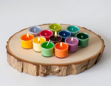 Colorful tealight candles on a wooden slice - Powered by Adobe