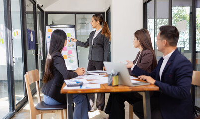 Group of Asian business working with analysis project brainstorm in modern office, Asian businesspeople team working together, Business startup and company strategy planning concept.