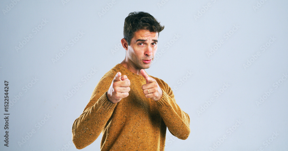 Poster portrait, man and pointing at you in studio for decision, selection or choice on white background. f