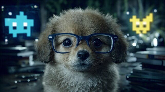 Adorable Puppy with Glasses Pixel Art Background Digital Art - Powered by Adobe