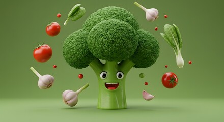 Happy Cartoon Broccoli with Floating Fresh Vegetables

