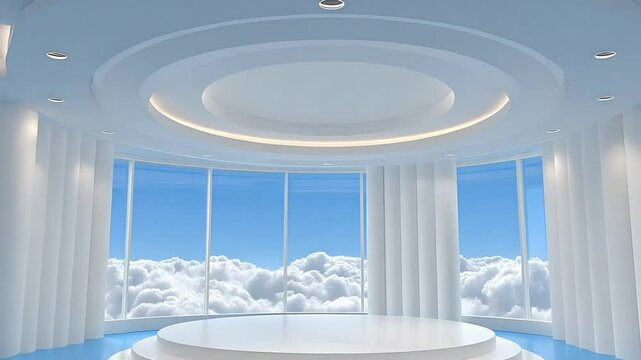 Bright modern studio with a stage and a view of clouds moving through large windows animation