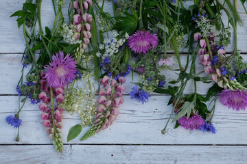 floral layout from different wildflowers on a white wooden background. Top view.
