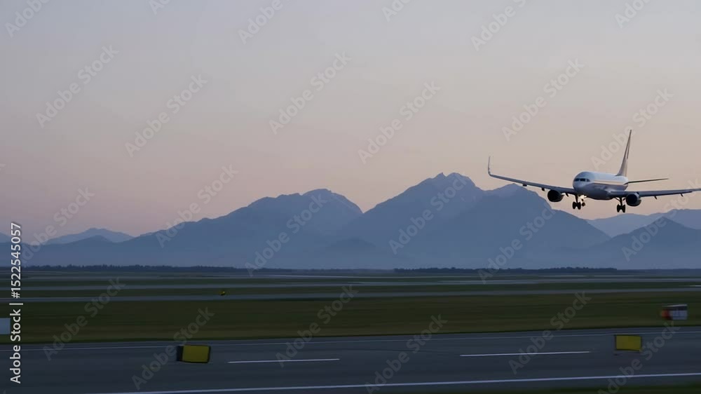 Poster passenger airplane gently descending on airport runway, illuminated by warm sunset glow with majesti