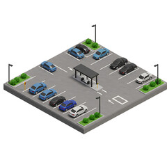 Isometric parking lot with parked cars and lights
