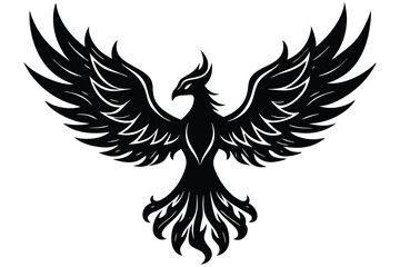 Fototapeta premium Striking Black Silhouette of a Phoenix with Wings Spread Wide on a White Background