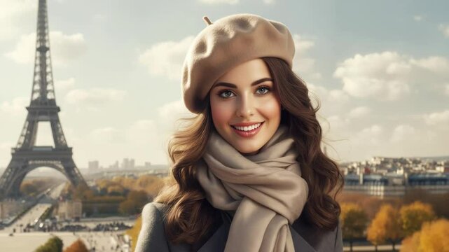 Smiling woman in beret enjoys autumn day near Eiffel Tower in Paris with vibrant city backdrop