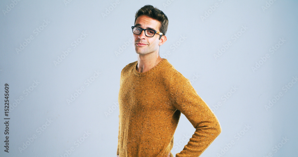 Aufkleber Glasses, IT support and portrait of tech guru in studio for development as computer engineer. Confident, expertise and male person with developer or programmer on white background for small business
