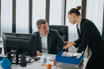 A professional interaction between two colleagues in an office setting, discussing important...