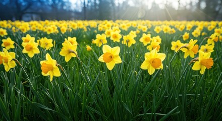 Fototapeta premium A Golden Meadow of Daffodils Shines Brightly Under the Morning Sun Illuminating the Early Days of Spring and Freshness