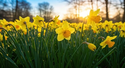 Obraz premium Golden Sunrise Illuminating a Field of Daffodils in Early Spring A Floral Display of Nature's Beauty and Renewal