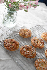 Healthy homemade oat bagels on rustic sunny background. Place for text.