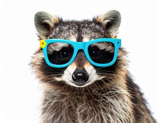 Fototapeta premium Raccoon with blue glasses looking forward on white background