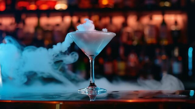 Close-up of a smoking, frothy drink with smoke coming from top, on a bar counter.
