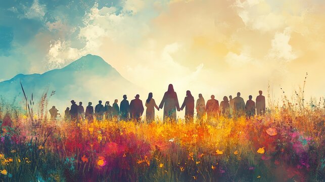 jesus christ holding hands with diverse group of people digital watercolor painting