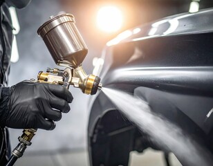 Car painting process with spray gun technique on black vehicle surface