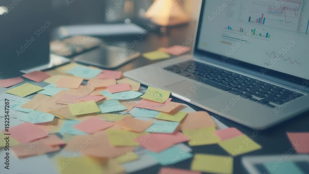 Aufkleber Desk is covered with colorful sticky notes, suggesting a brainstorming session, with a laptop displaying charts adding a technological element to the creative process