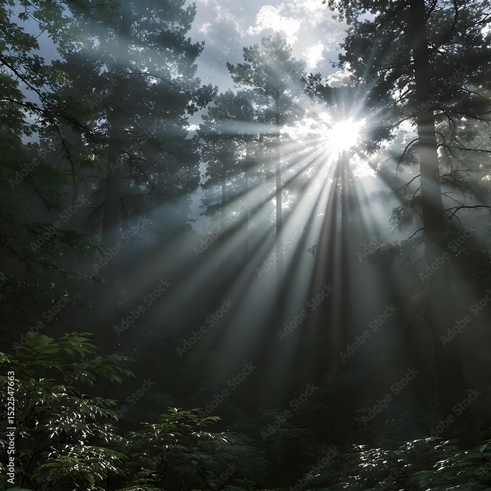 Poster sunlight pierces through the mystical canopy of a dense forest, creating an ethereal play of light a