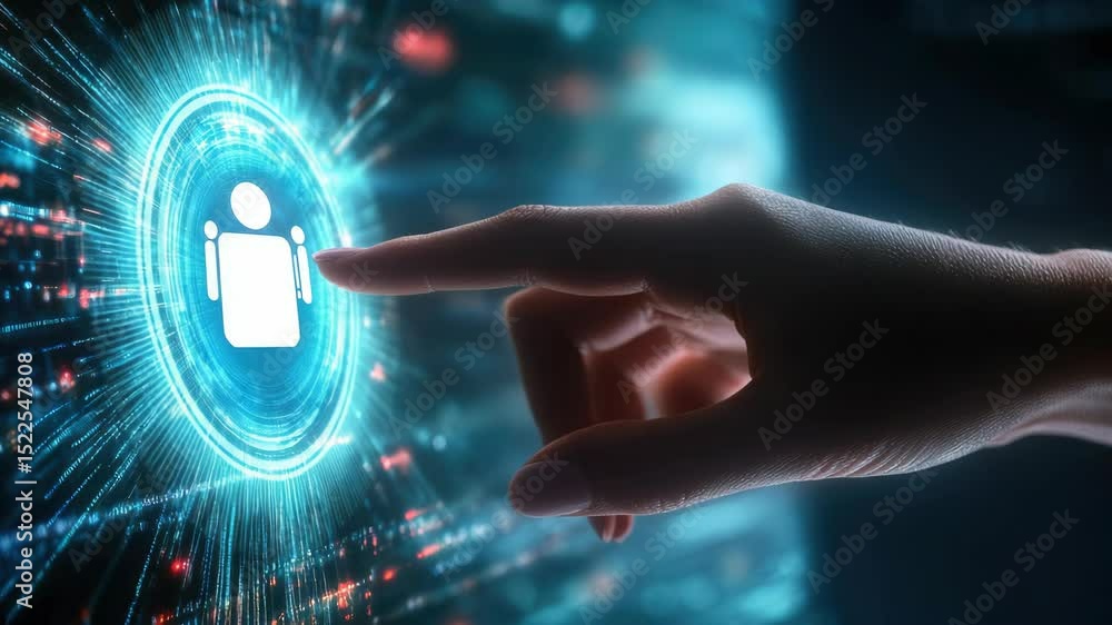 Poster a human hand interacting with a digital interface, possibly controlled by artificial intelligence.