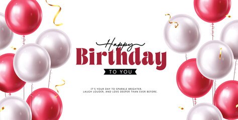 Elegant Birthday Clipart Card with Floating Balloons and Festive Gold Ribbons. Minimalist Birthday Greeting with White and Red Balloons on White Background Vector Illustration.