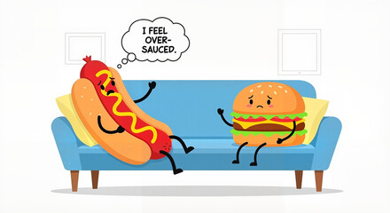 Fototapeta premium Cartoon hot dog and burger talking on couch with funny pun