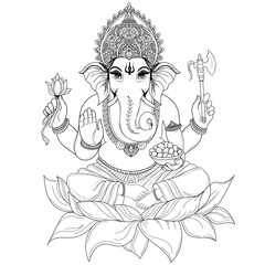 Detailed black and white line art illustration of Lord Ganesha, hand-drawn hindu god vector artwork, isolated on white background, perfect for Ganesh Chaturthi festival, spiritual and religious design