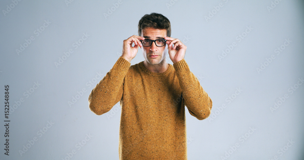 Fototapete Glasses, IT support and portrait of developer man in studio for computer engineering as tech guru. Expert, male person and vision with coder or programmer on white background for small business