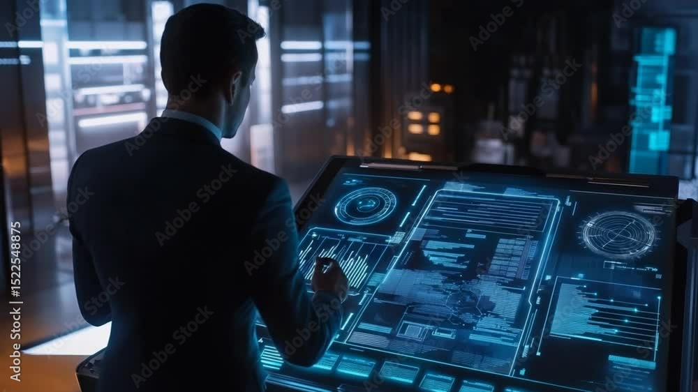Poster man interacts with futuristic augmented reality interface, exploring data visualizations