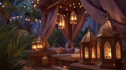 Obraz premium Serene Moroccan Night Illuminated Lanterns Cozy Patio