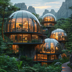 Fototapeta premium Glass domes surrounded by trees in the glass house.