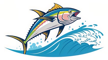 A stylized side-view drawing of a tuna with exaggerated curves and dynamic fin details, emphasizing fluid motion.