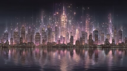 Fototapeta premium Futuristic Cityscape at Night Glowing Skyscrapers Urban Reflection