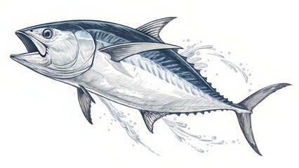 A high-contrast tuna profile with energetic fins and expressive head features.