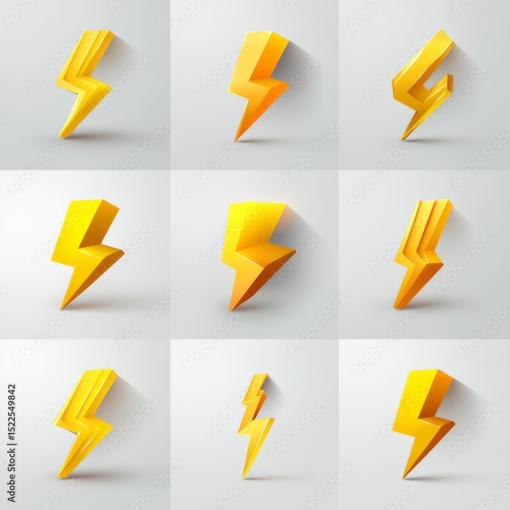 Fototapete nine unique yellow 3d lightning bolt icons set modern graphic design elements for energy power elect