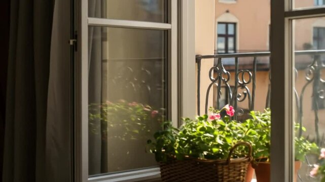 Open window with plants on windowsill