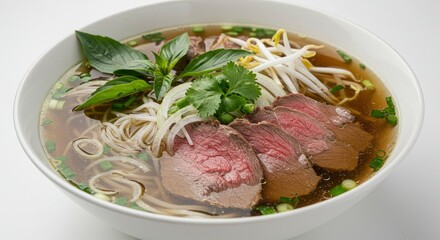 Delicious Vietnamese Pho Noodle Soup In A White Bowl Garnished With Green Herbs And Sliced Cooked Beef