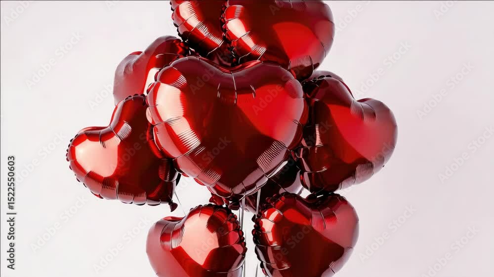 Poster Group of red heart shaped latex balloons with strings for tying.