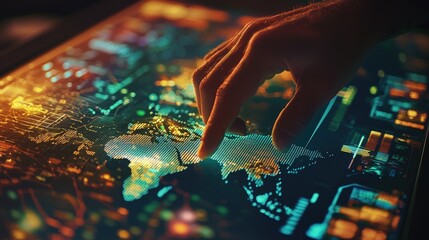 A hand touches a digital world map.