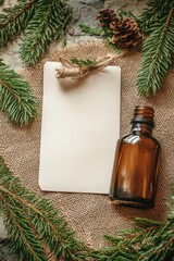 Pine essential oil in a glass bottle Branches of coniferous trees, Generative AI,